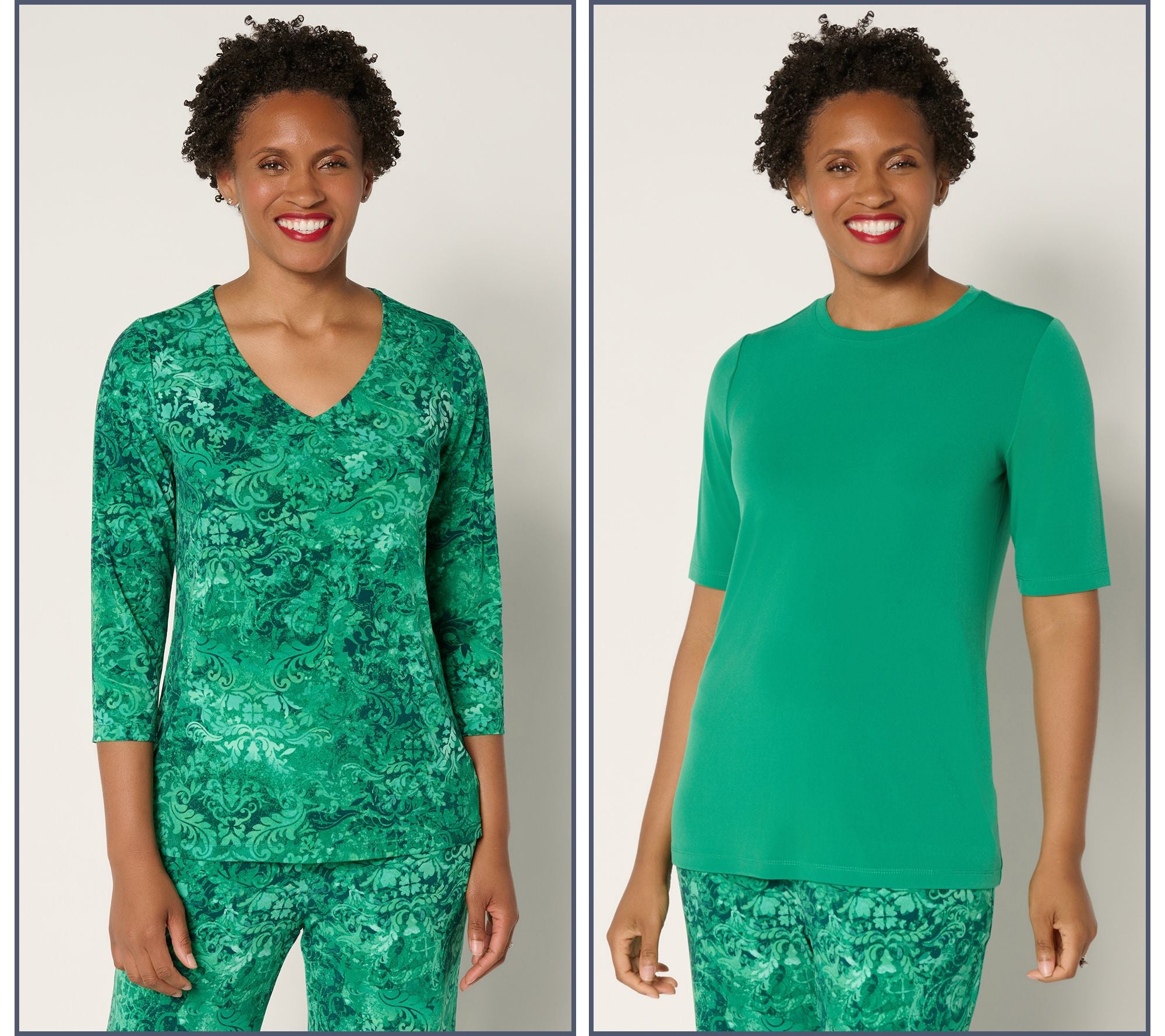 Susan Graver Set of 2 Liquid Knit Print & Solid Tops - Baroque/Emerald