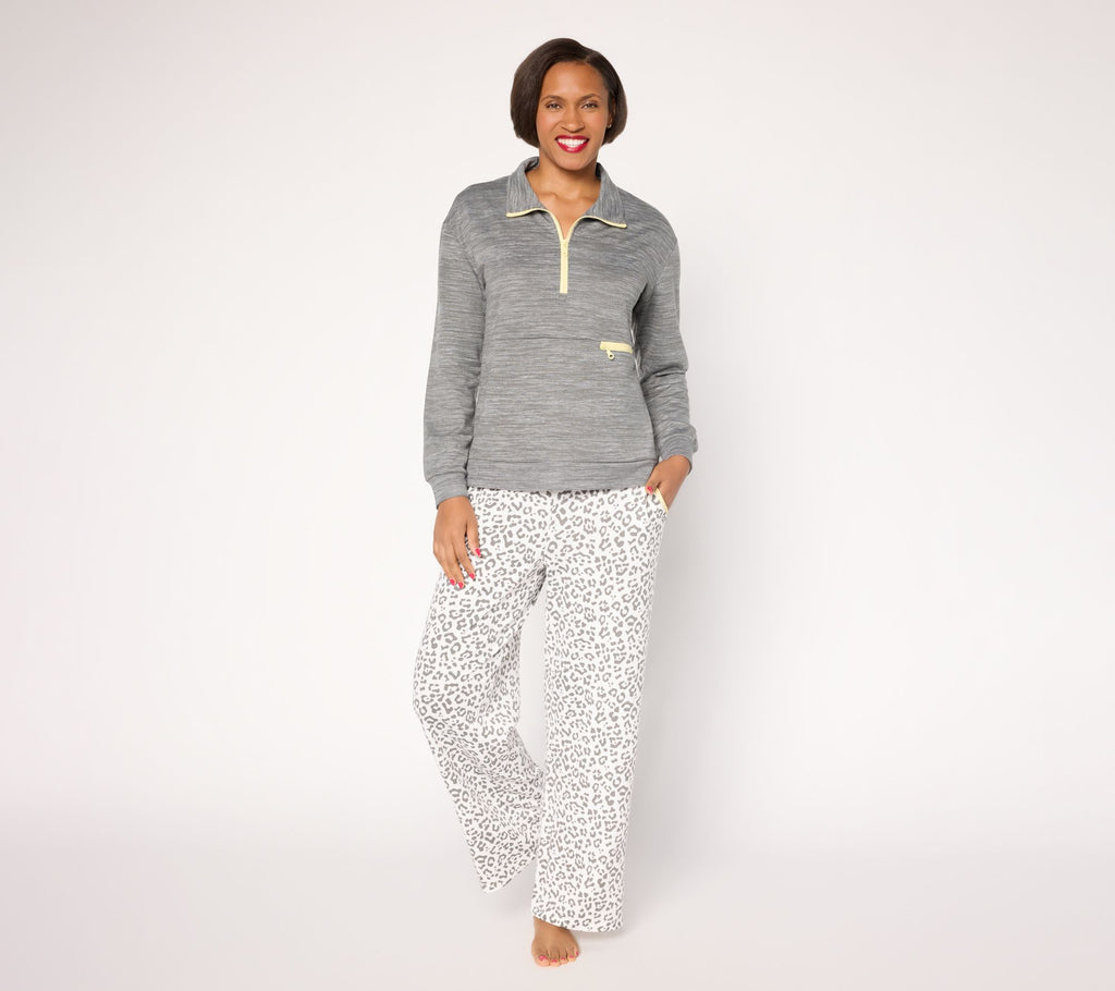 French Terry Quarter Zip and Pant Lounge Set - Gray Leopard