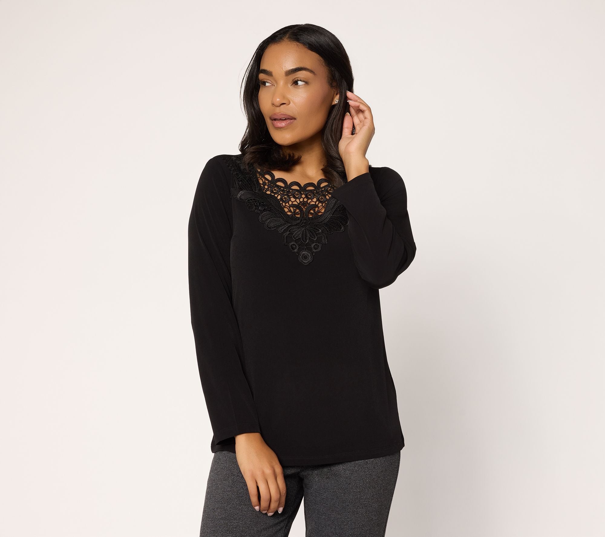 Liquid Knit Bracelet Sleeve Top w/ Crochet Lace Detail - Black