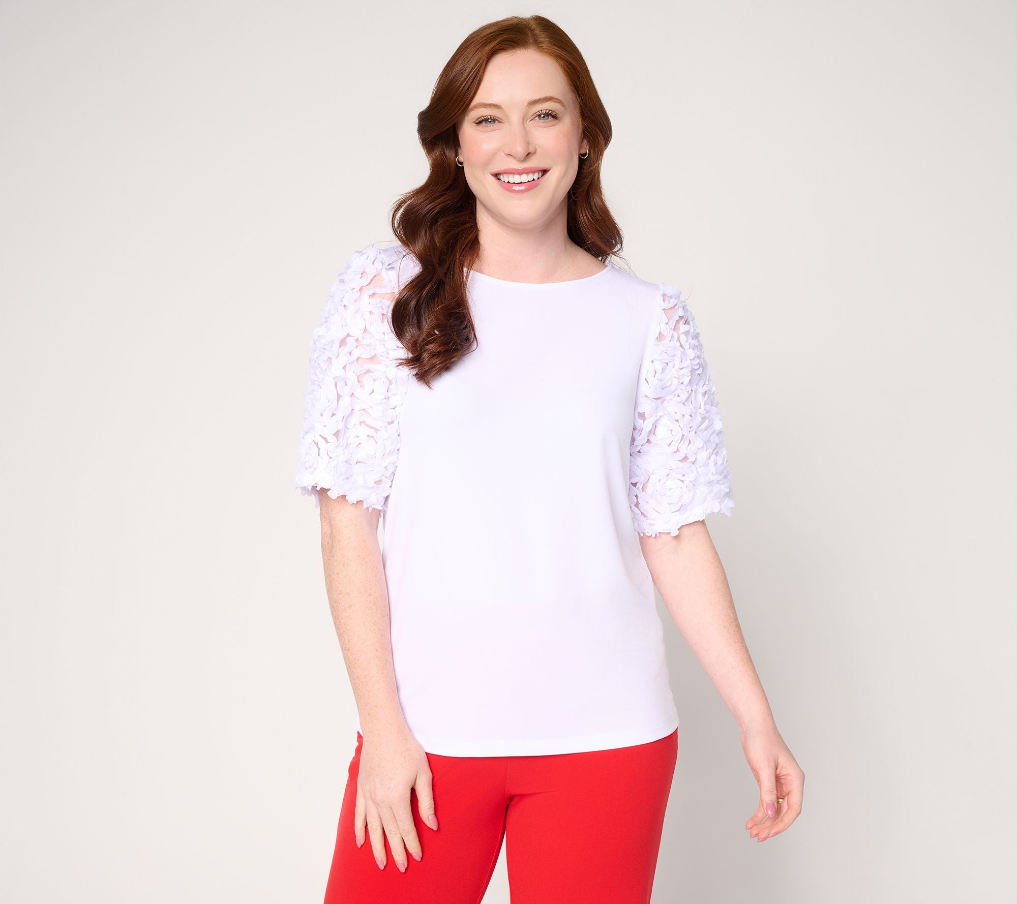 Liquid Knit Top with Novelty Elbow Sleeves - White