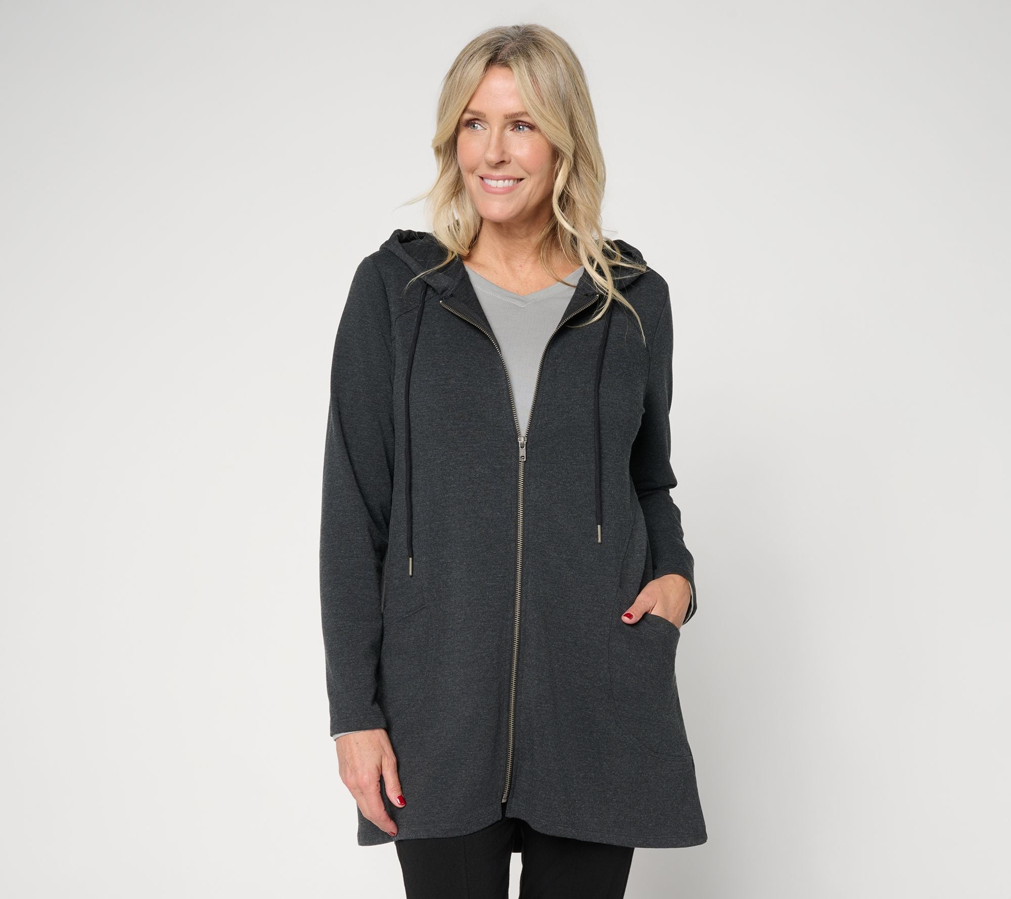 Zip Front Hoodie with Pockets - Black
