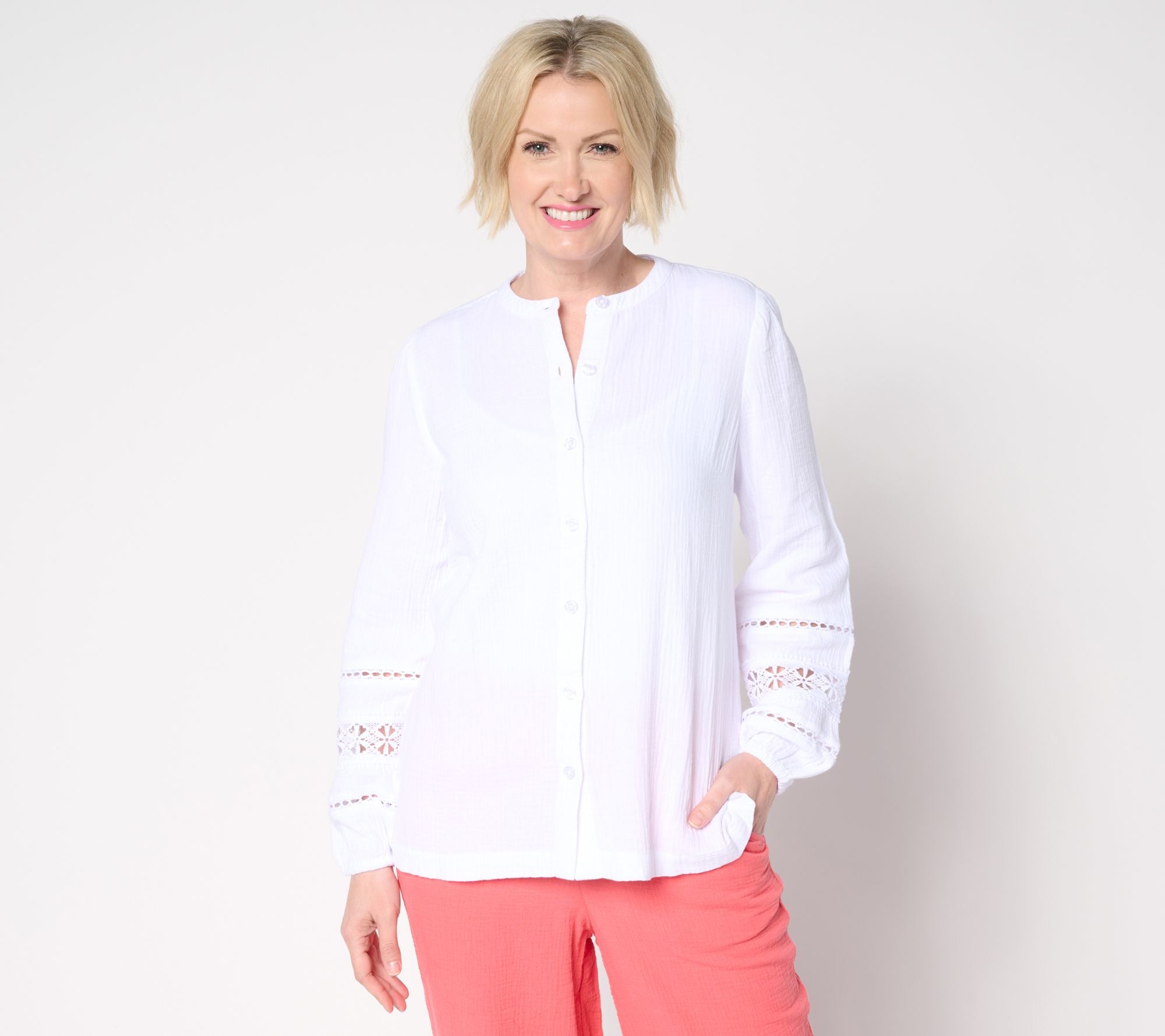 Belle Beach by Kim Gravel Cotton Gauze Ladder Lace Button Top - White