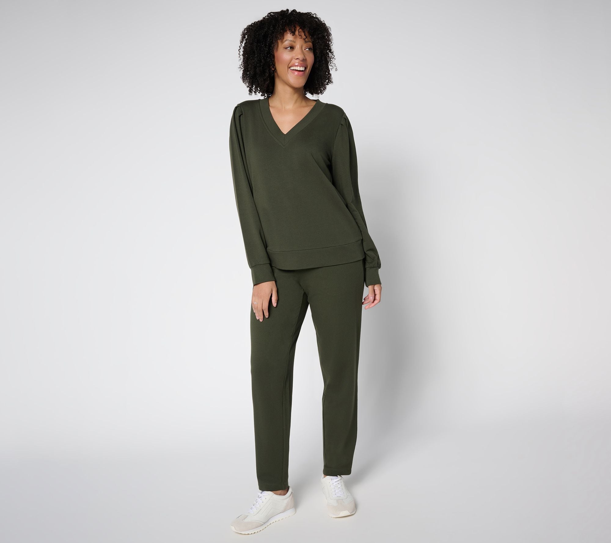 AnyBody Cozy Knit French Terry Top & Pants Set - Dark Forest