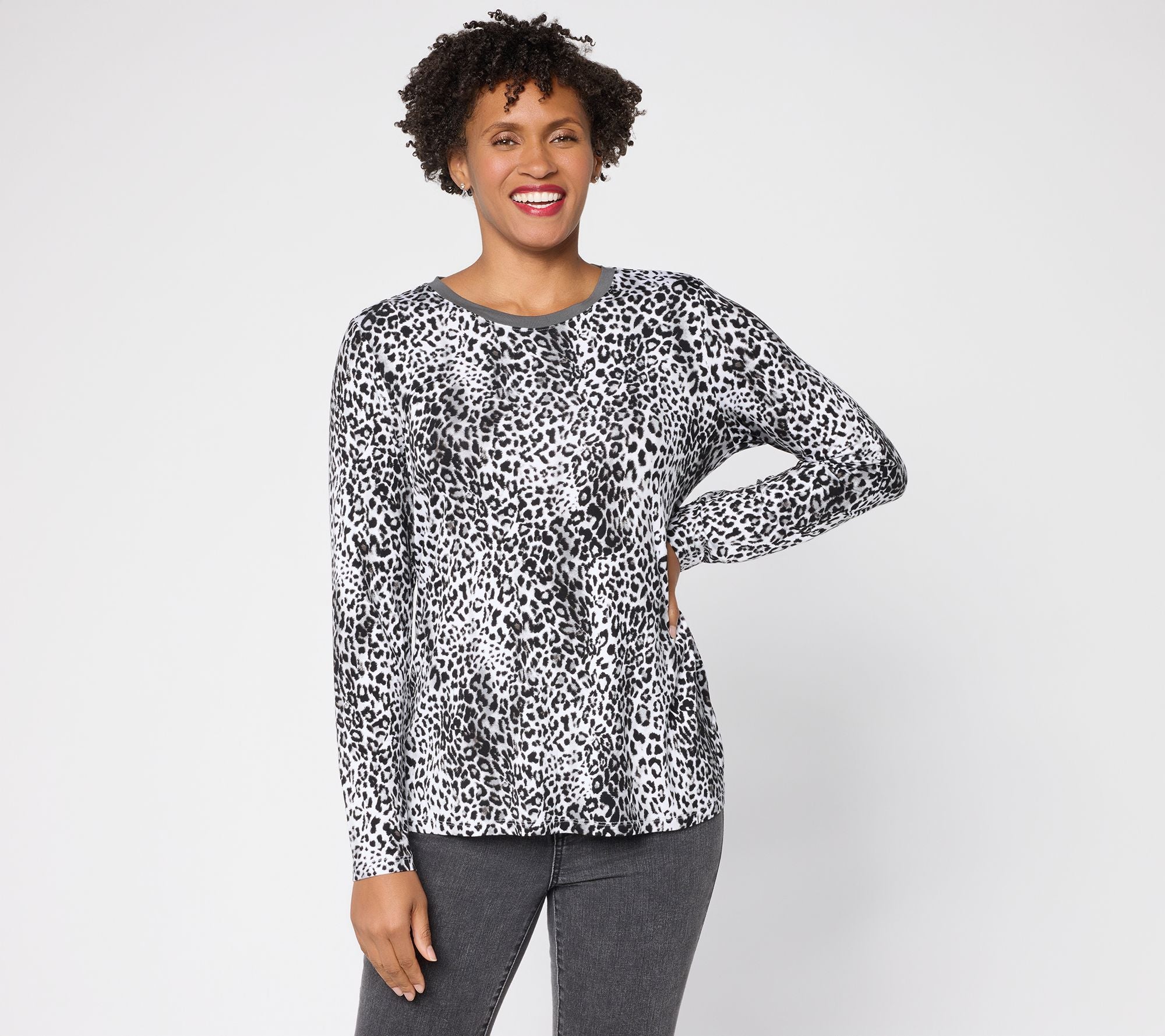 Animal Print Solid Collar Long Sleeve Top - Black