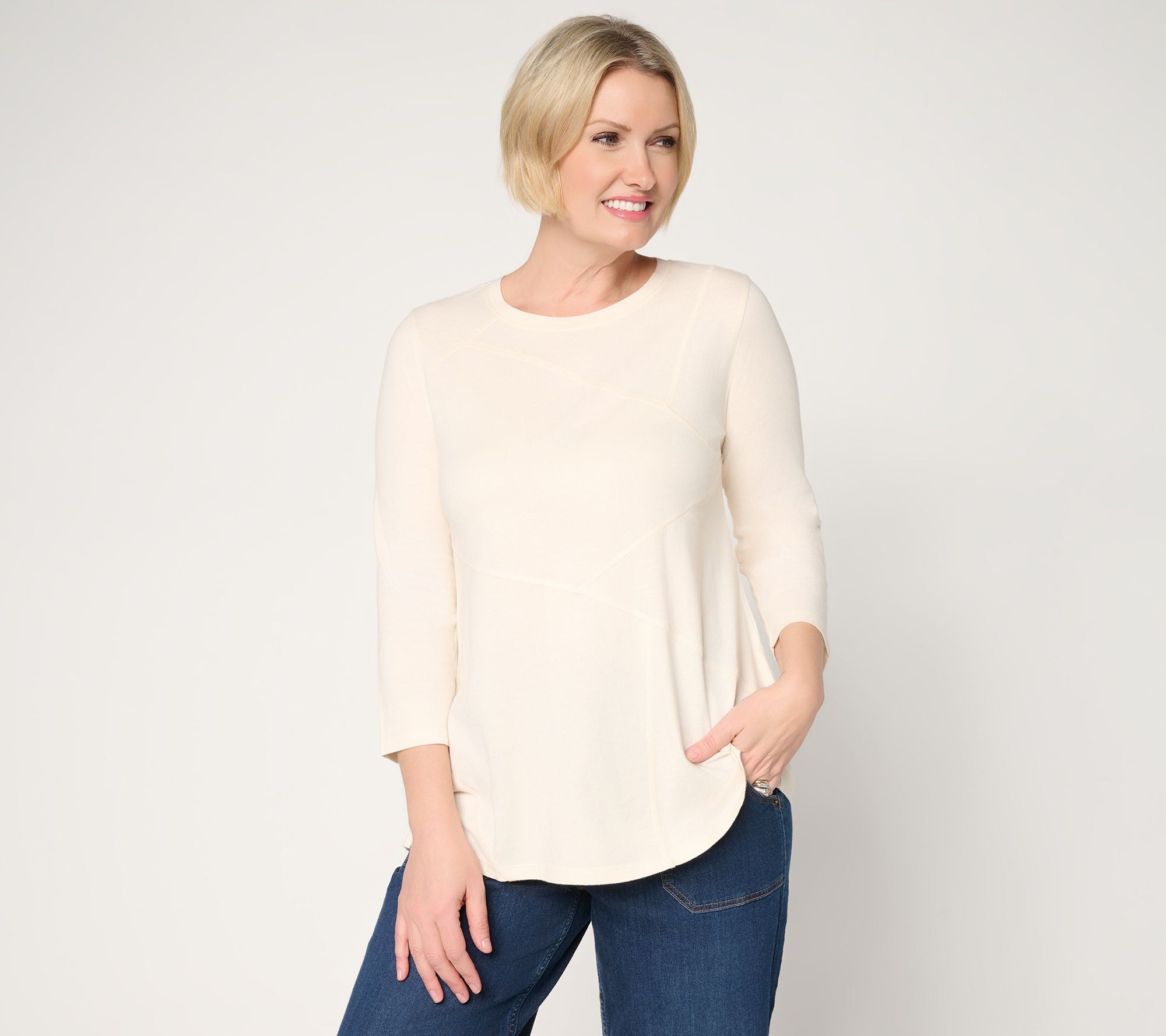3/4 Sleeve Patchwork Seam Top - Linen Sand
