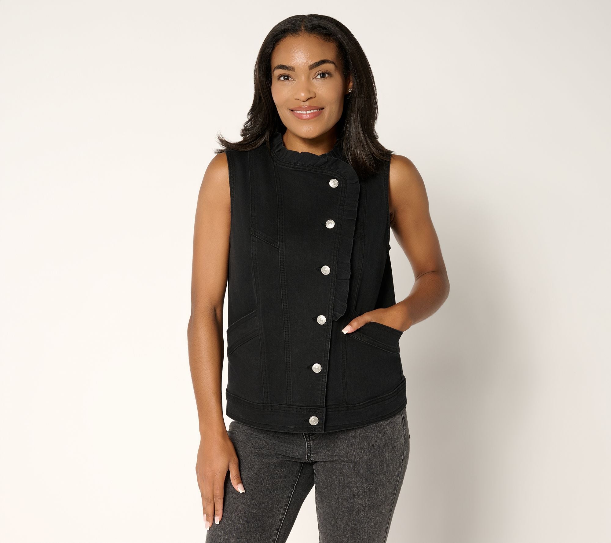 LOGO by Lori Goldstein Denim Ruffle Vest - Black
