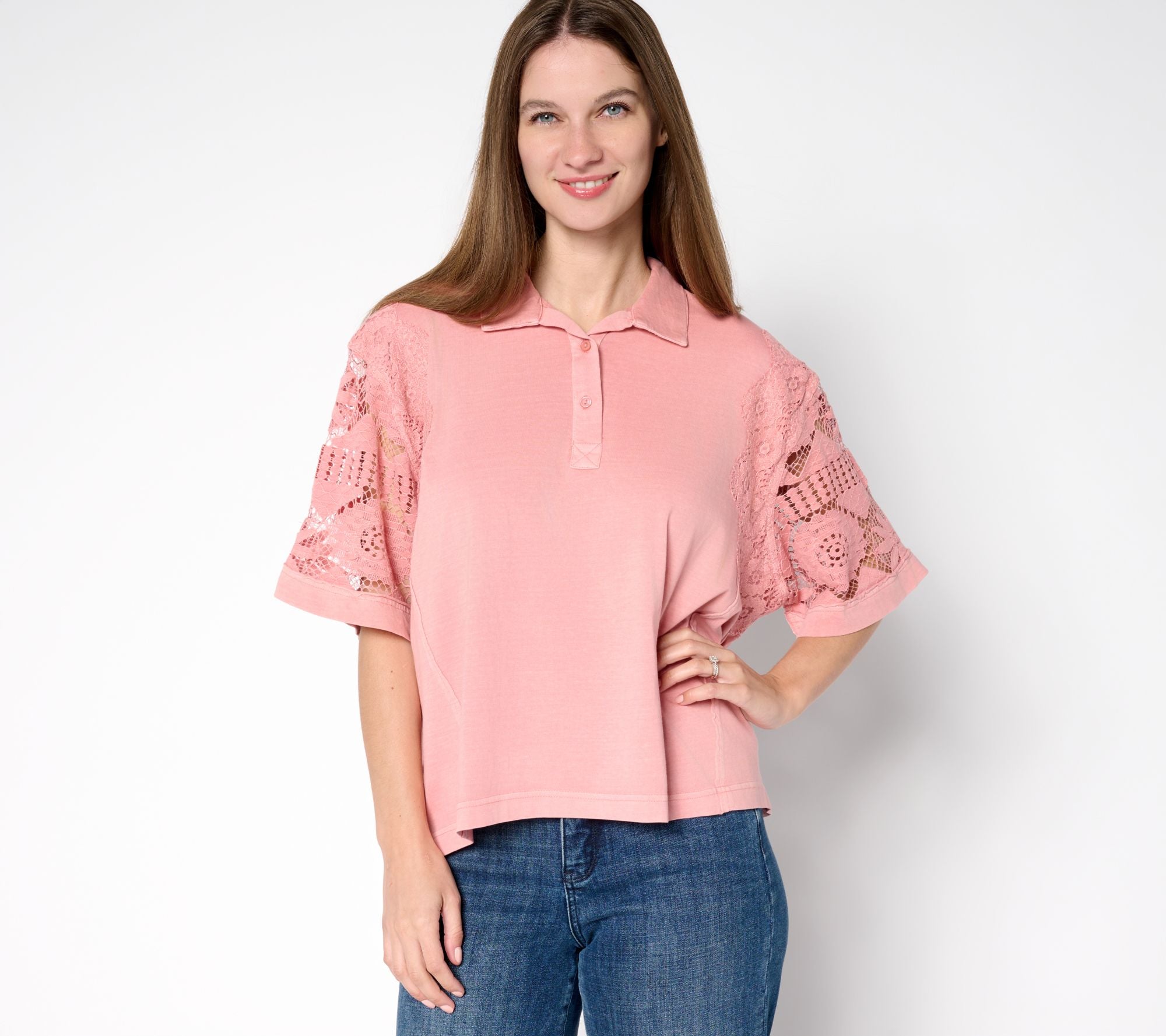 LOGO Lavish by Lori Goldstein 100% Cotton Polo Top with Lace - Rose Taupe
