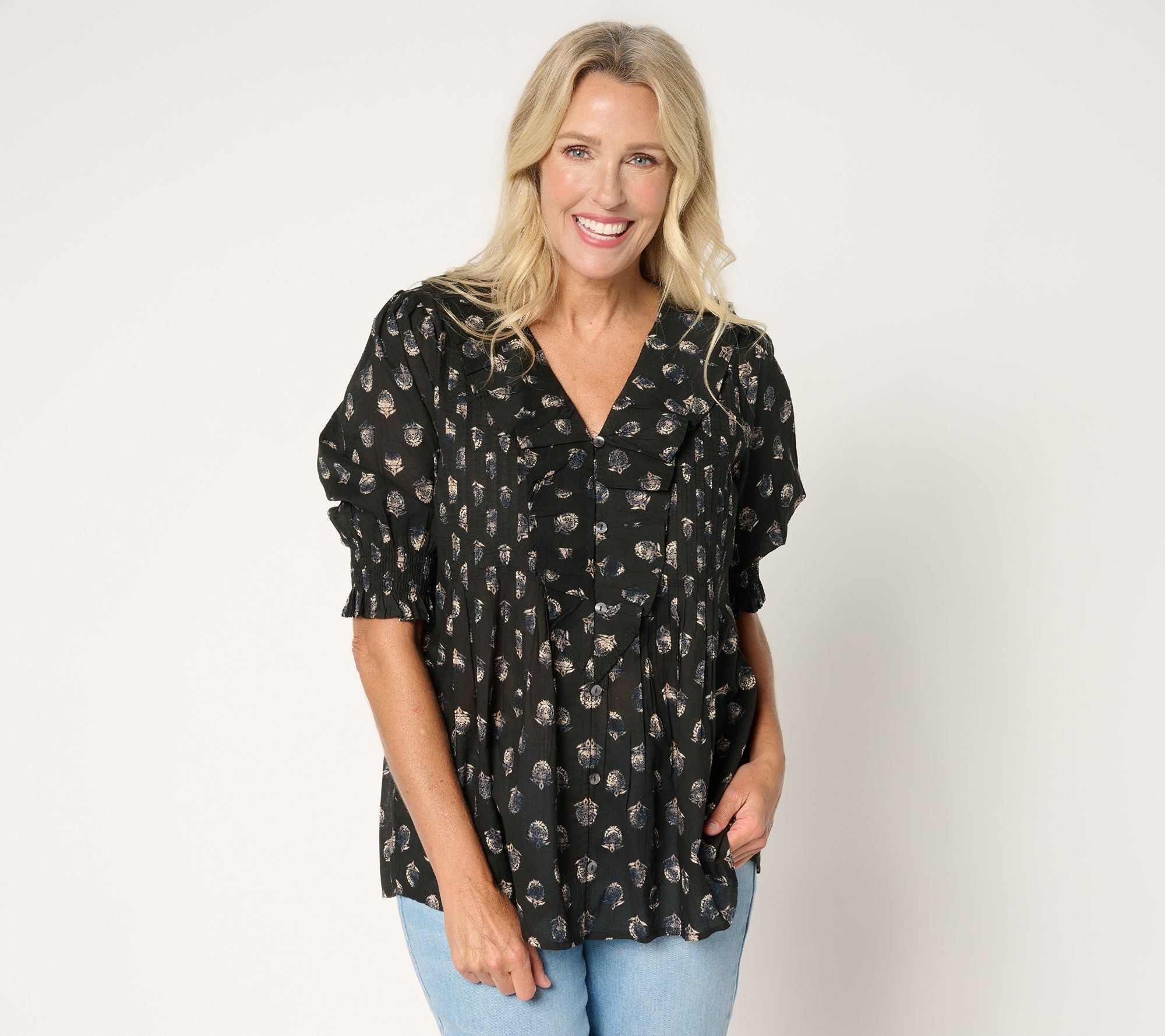 Ree by The Pioneer Woman Printed 100% Cotton Ruffle Blouse - Blk Foulard