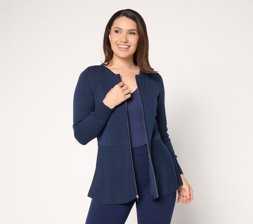 Susan Graver Peplum Sweater Jacket with Zipper - Midnight