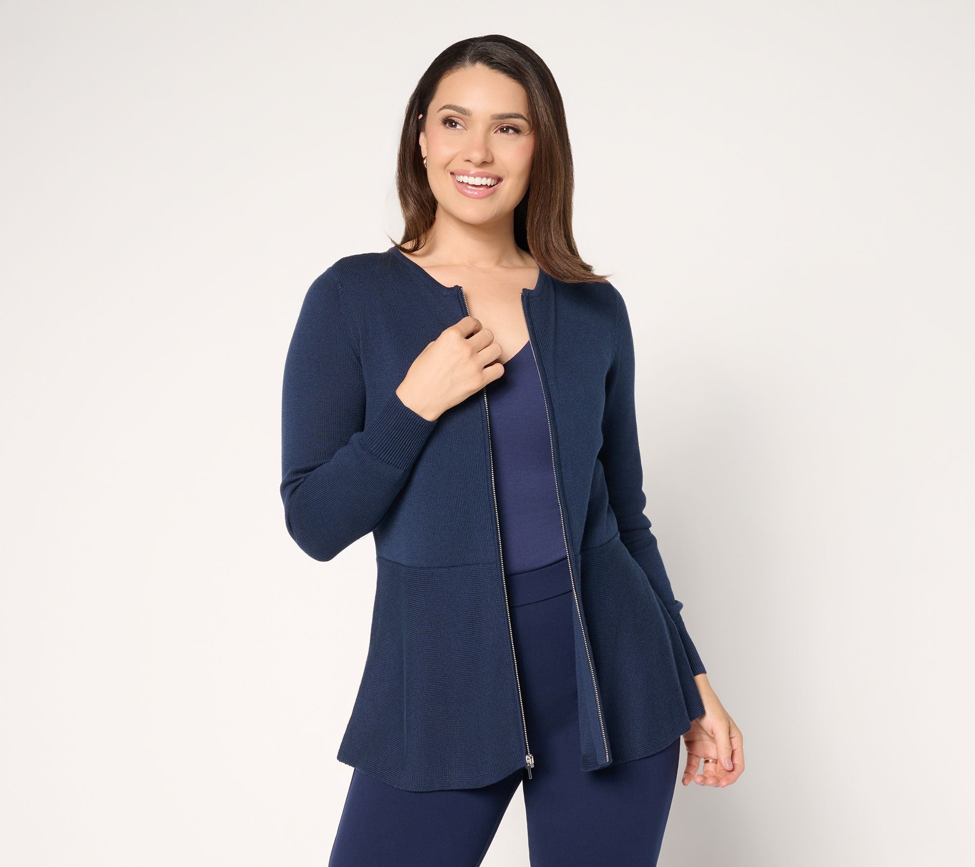 Susan Graver Peplum Sweater Jacket with Zipper - Midnight