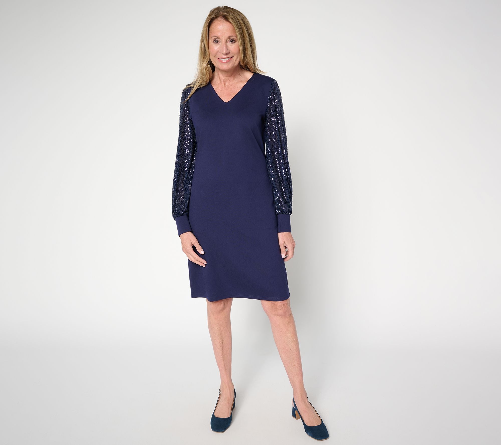 Jingle Belles by Kim Gravel Ponte Dress w/ Sequin Sleeves - Future Dusk