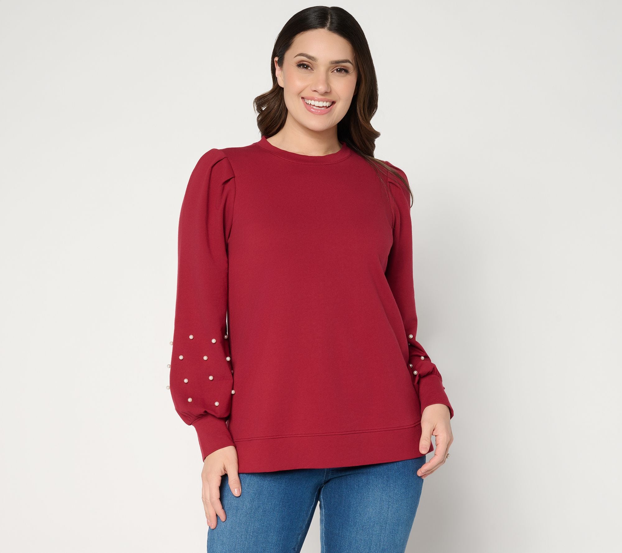 Jingle Belles by Kim Gravel Uptown Pearls Blouson Slv Sweatshirt - Garnet