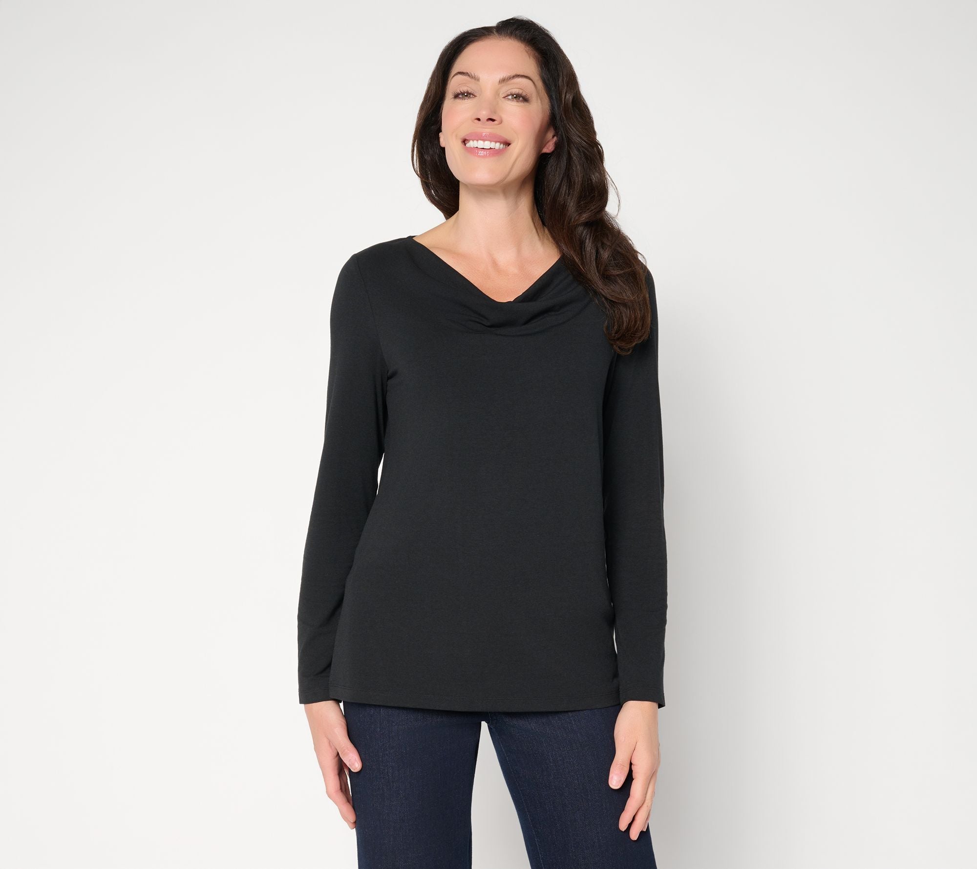 Denim & Co. So Soft Jersey Long Sleeve Drape Neck Top - Black