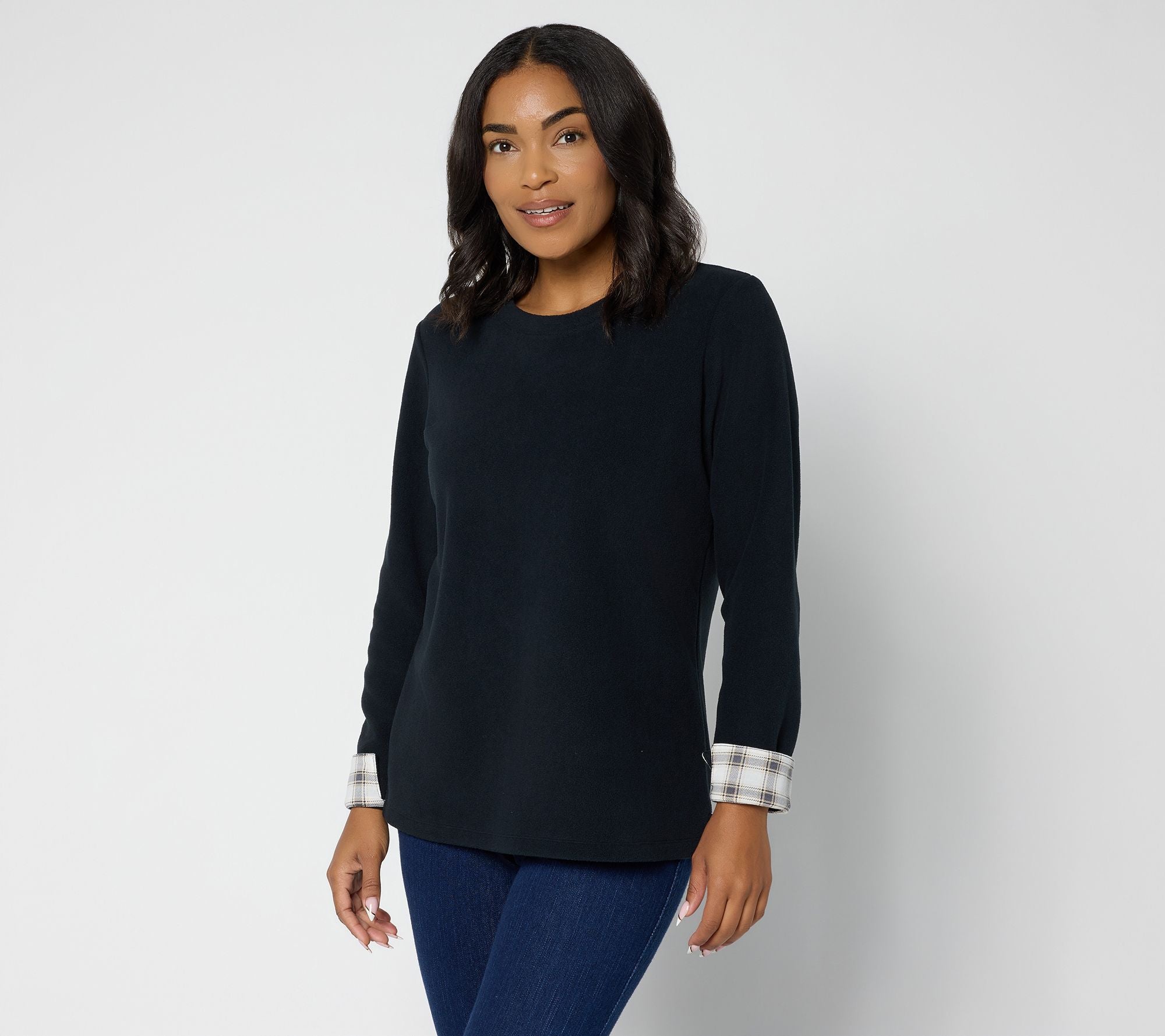 Denim & Co. Fleece Top with Plaid Accents - Black