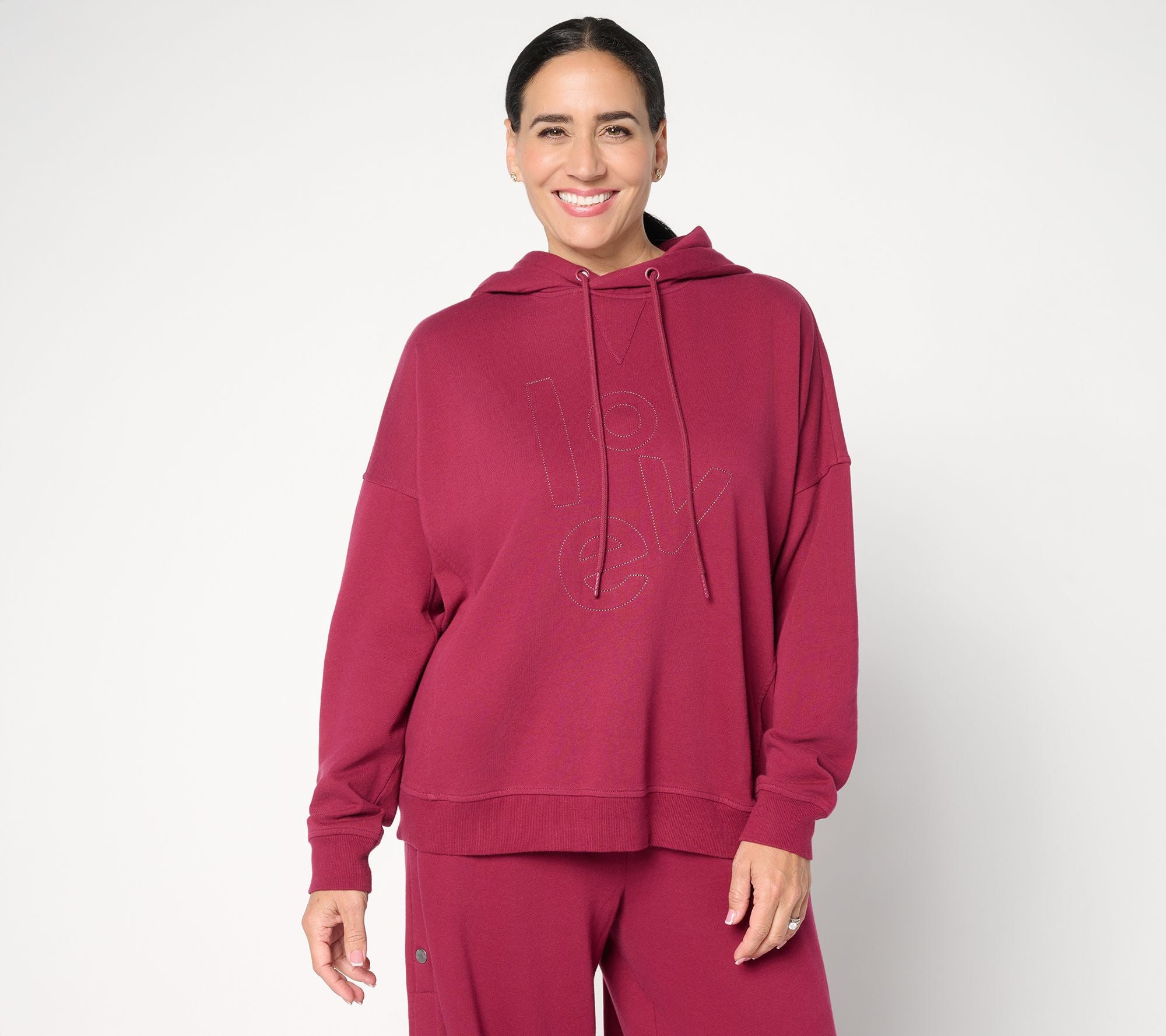 Peace Love World French Terry Embroidered Graphic Hoodie - Burgundy