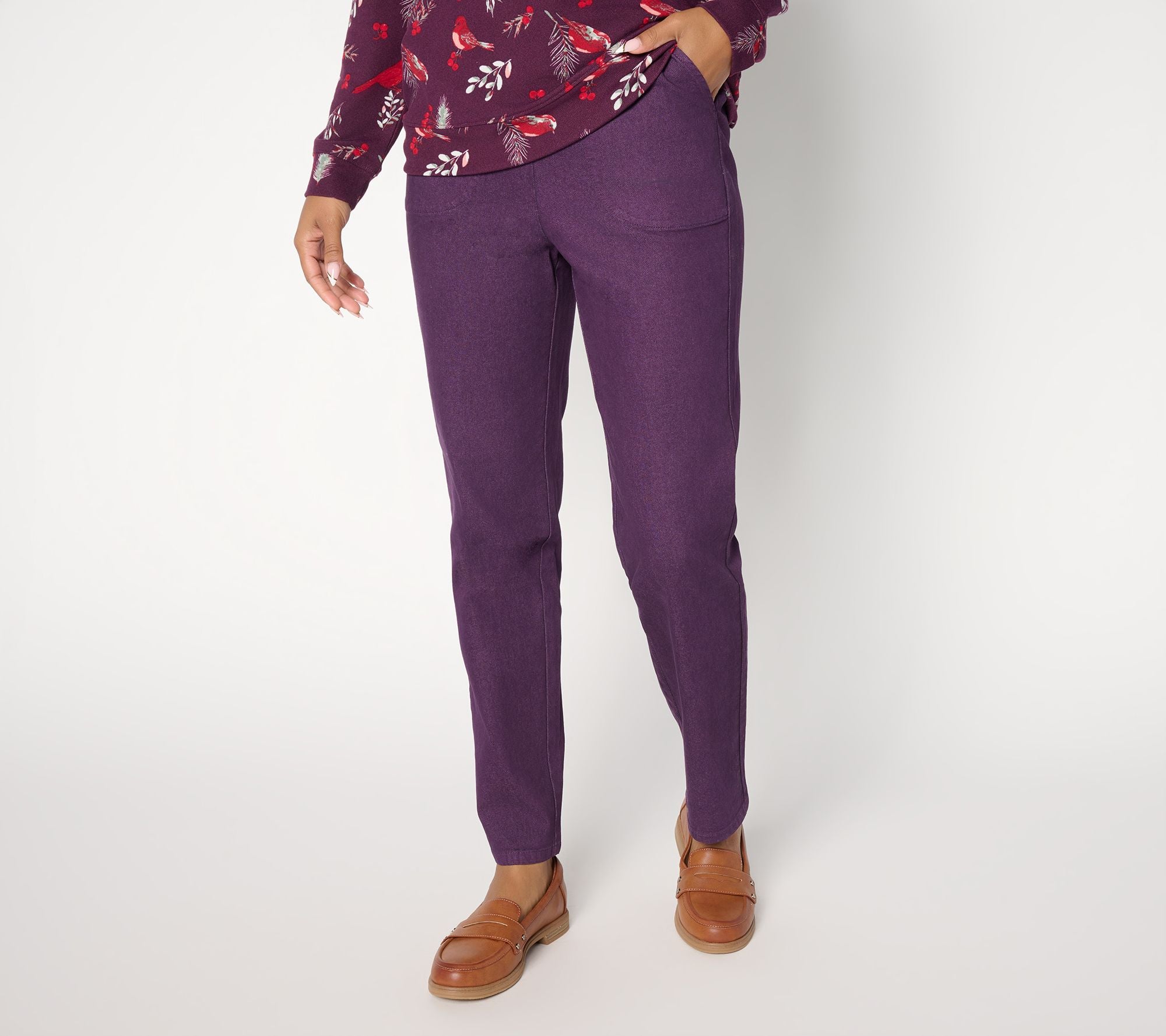 Denim & Co. Flat Front Side Pocket Pants - Deep Purple