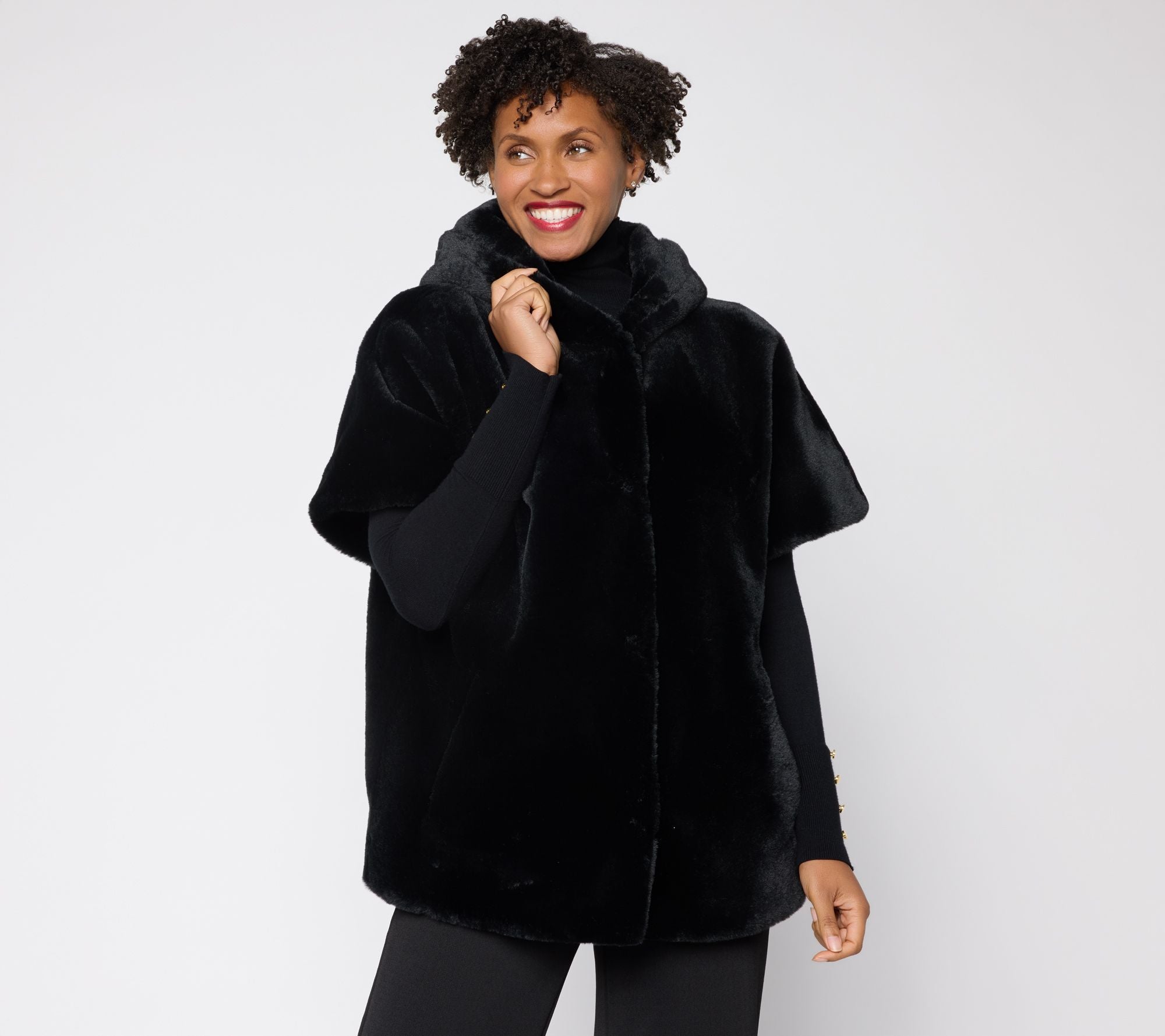 Dennis Basso Faux Mink Snap Front Dolman Sleeve Coat - Black