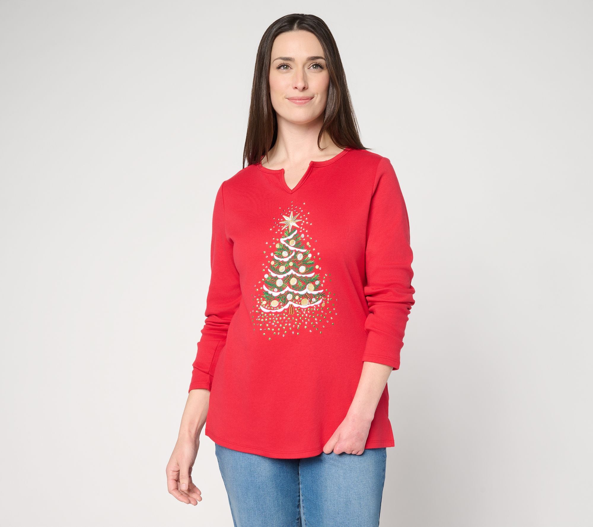 Quacker Factory Tis the Season Split Neck Long Sleeve Top - Lipstick Red