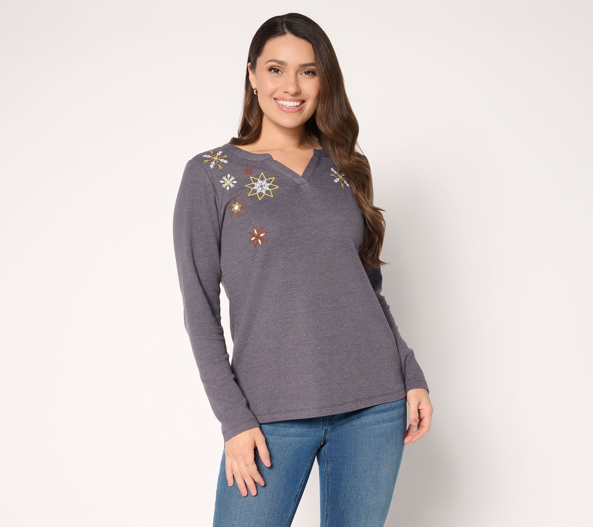 Denim & Co. Waffle Knit Holiday Embroidered Top - Charcoal Grey