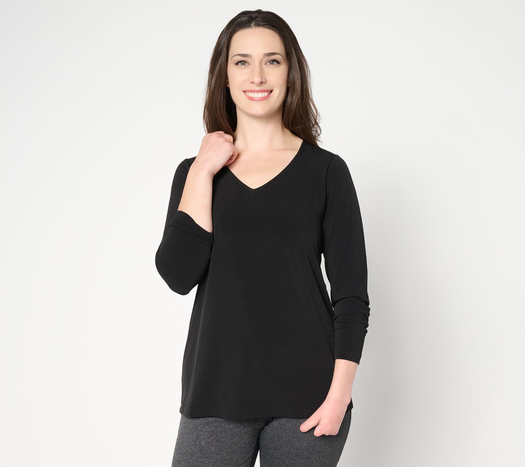 Susan Graver Essentials Liquid Knit V-Neck Top - Black