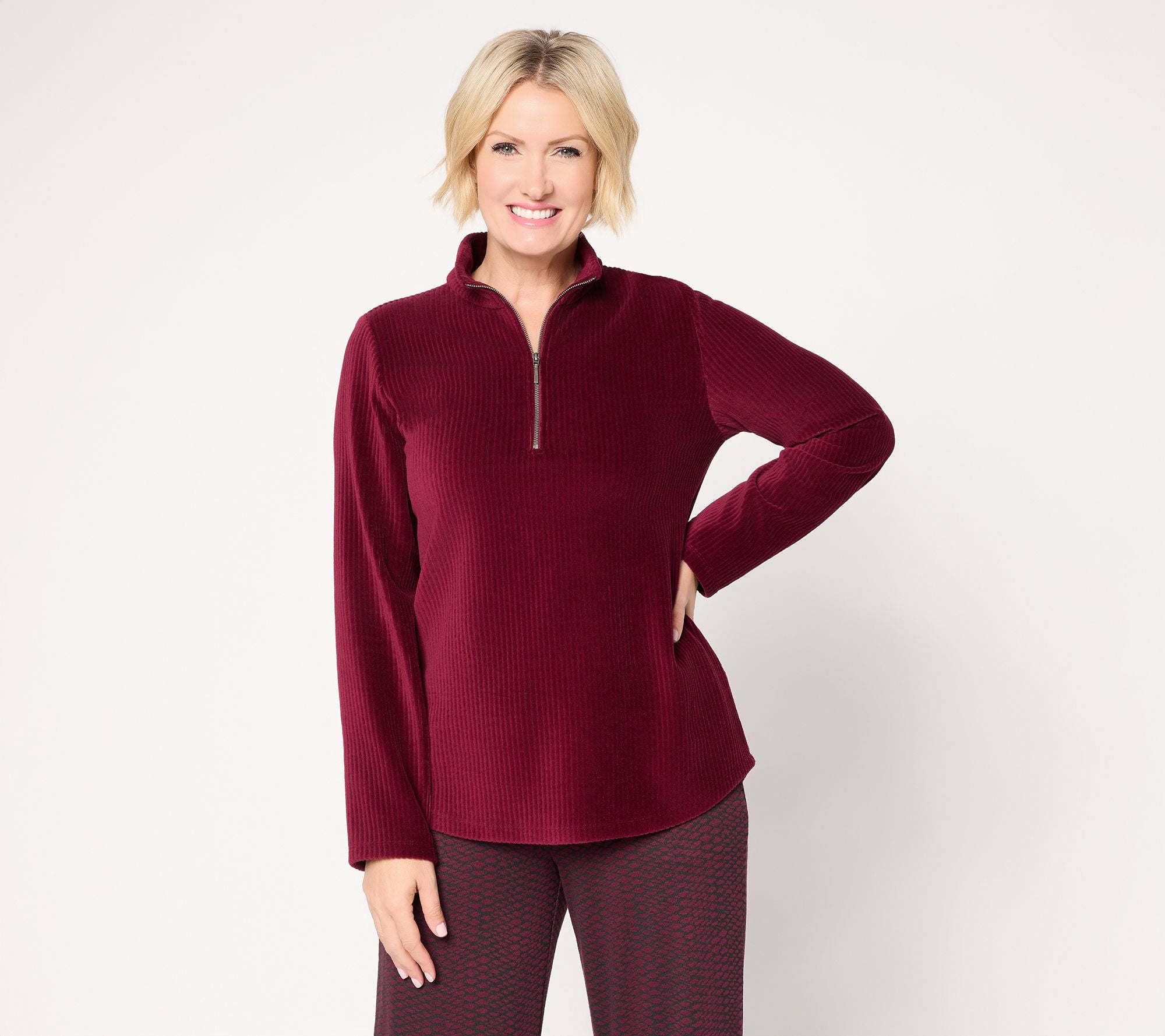 Susan Graver Weekend Knit Corduroy Half Zip Mock Neck Top - Rich Wine