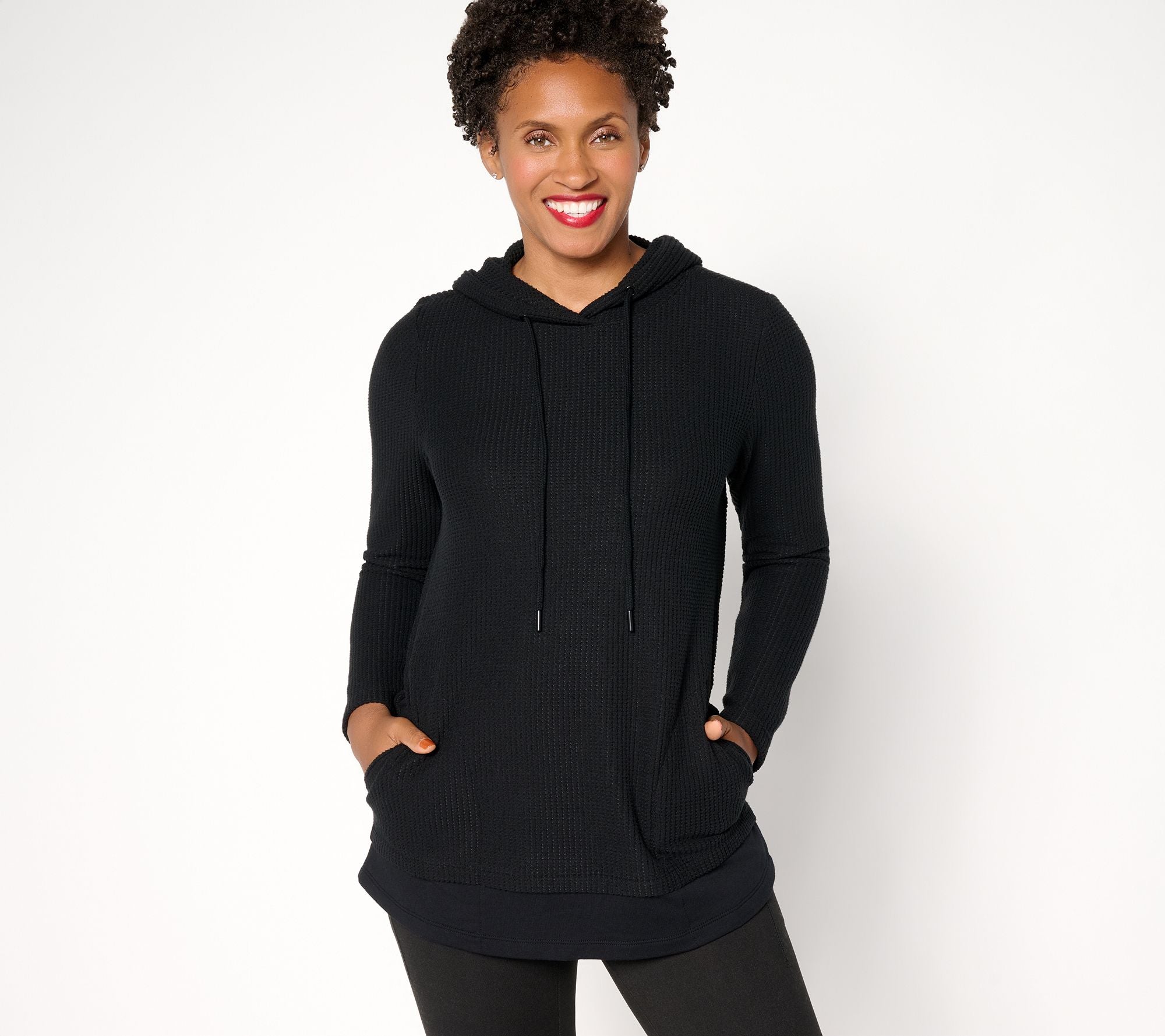 Denim & Co. Active Waffle Knit Mixed Media Hooded Pullover - Black