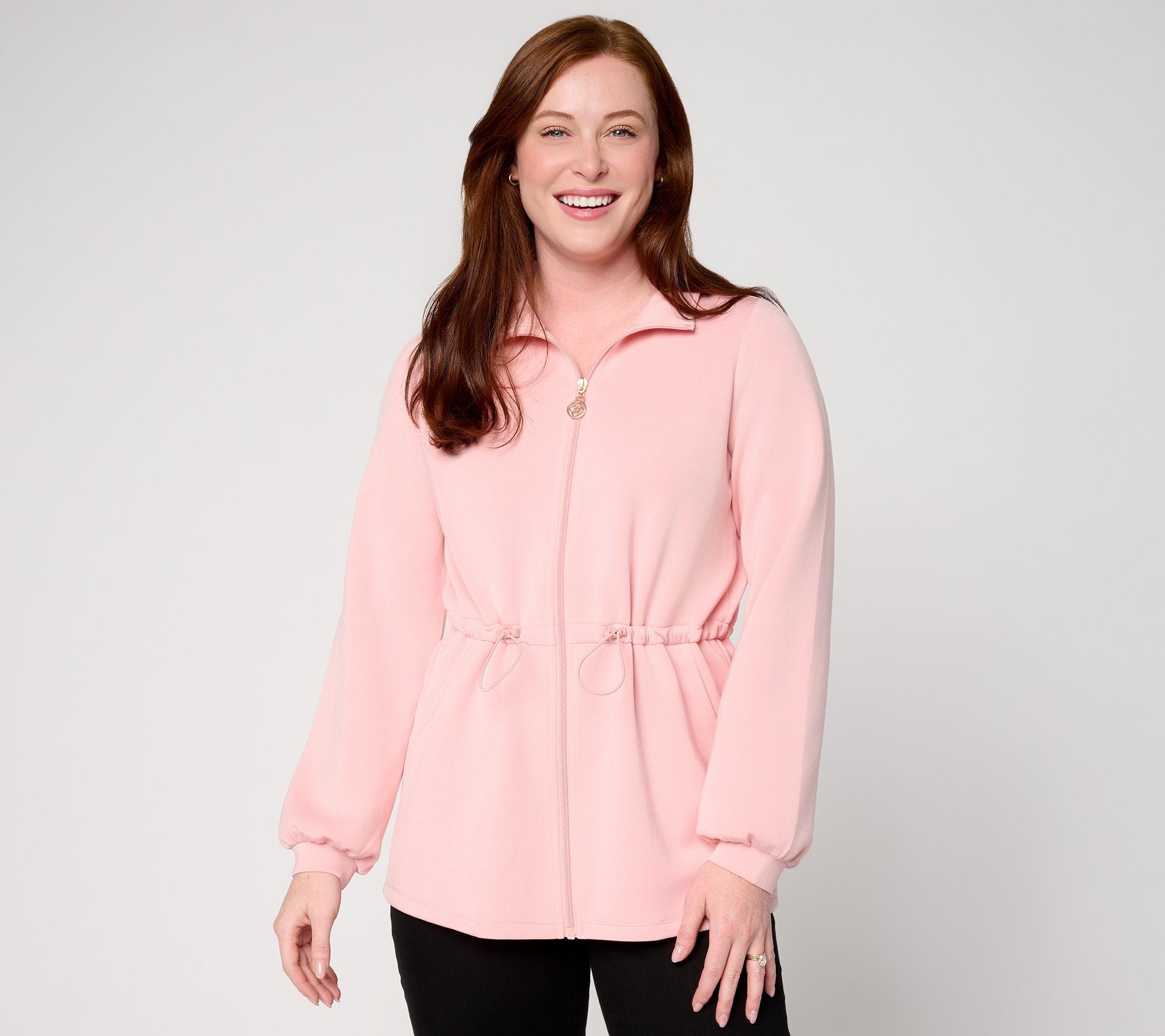 Belle by Kim Gravel ScubaLuxe Cinch Waist Zip Front Jacket - Silver Pink