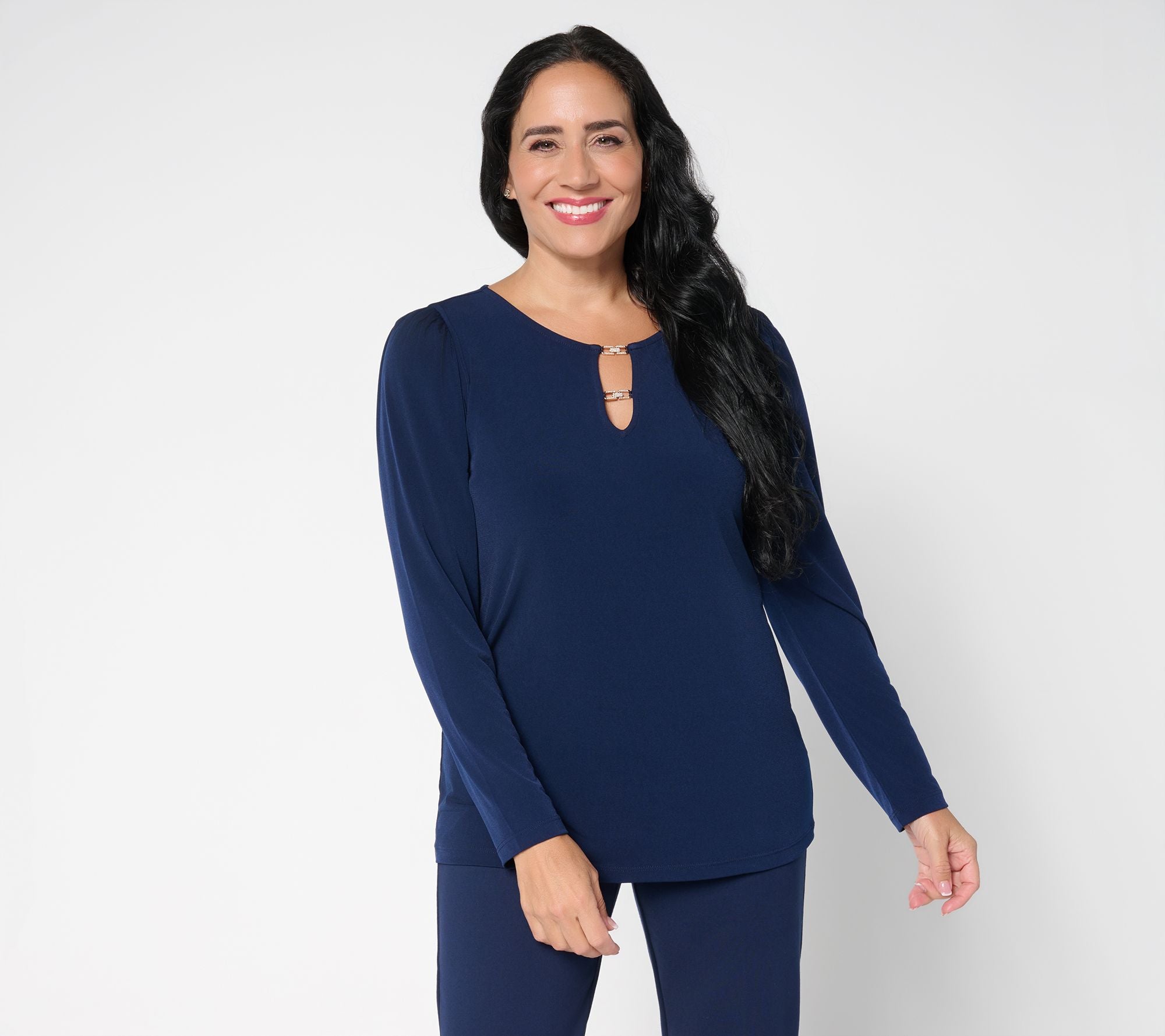 Liquid Knit Long-Sleeve Top w/Embellished Trim Neck - Navy