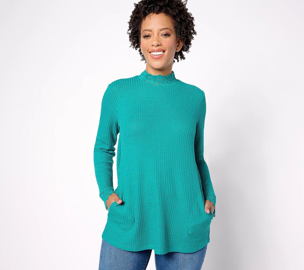 Metallic Waffle Knit Mock Neck Top w/ Lace