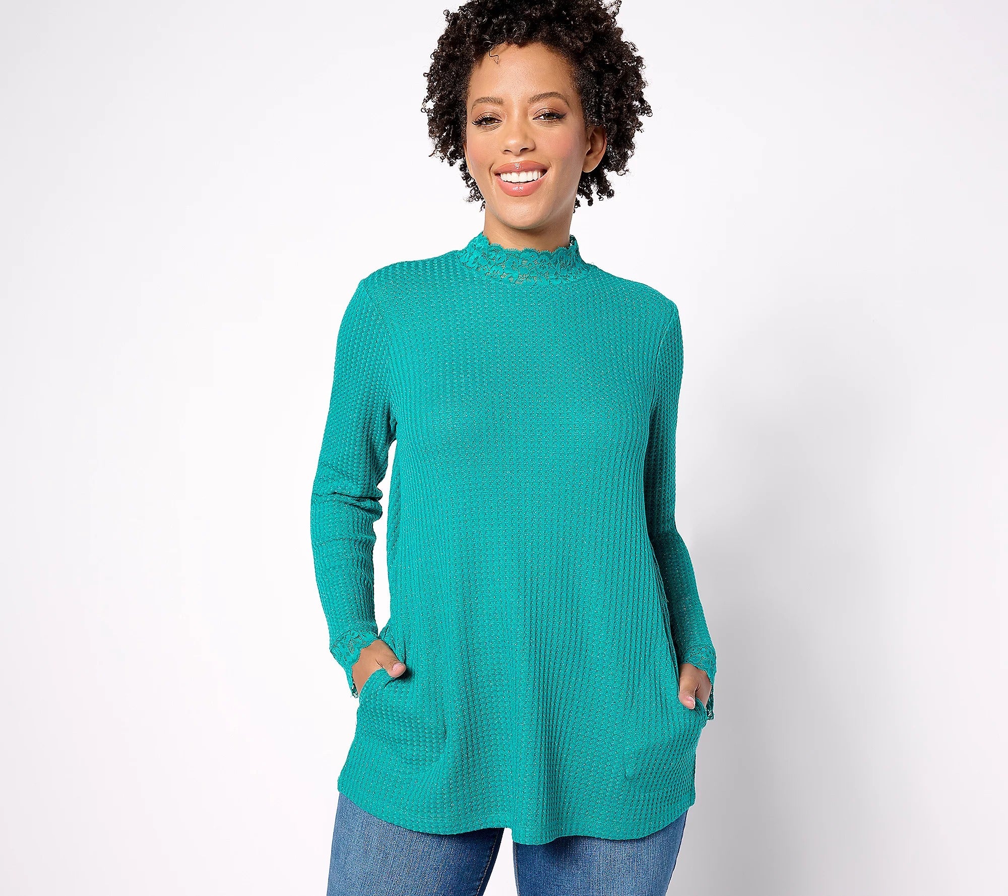 Metallic Waffle Knit Mock Neck Top w/ Lace