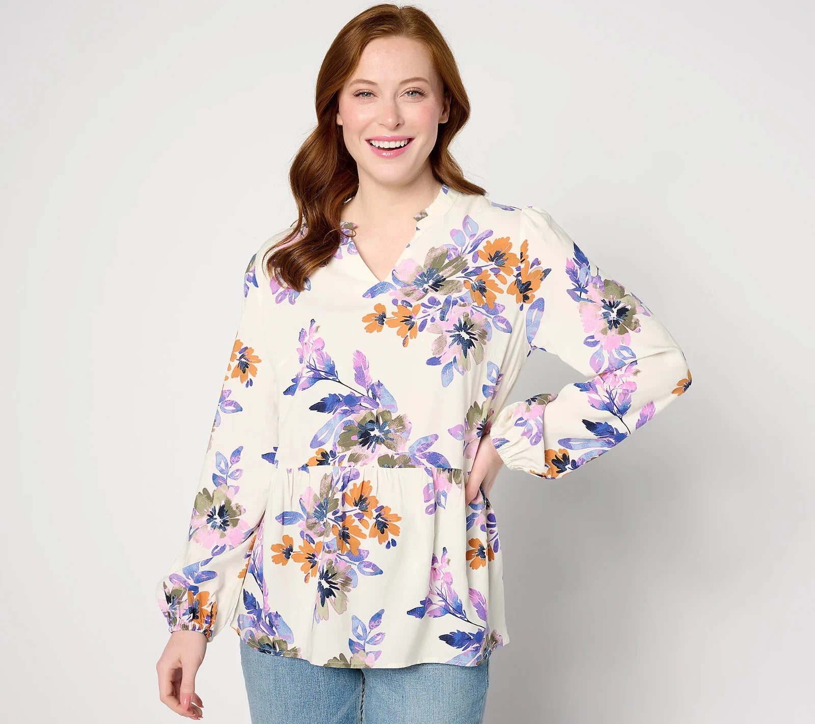 Printed Blouse with Smocked Cuff