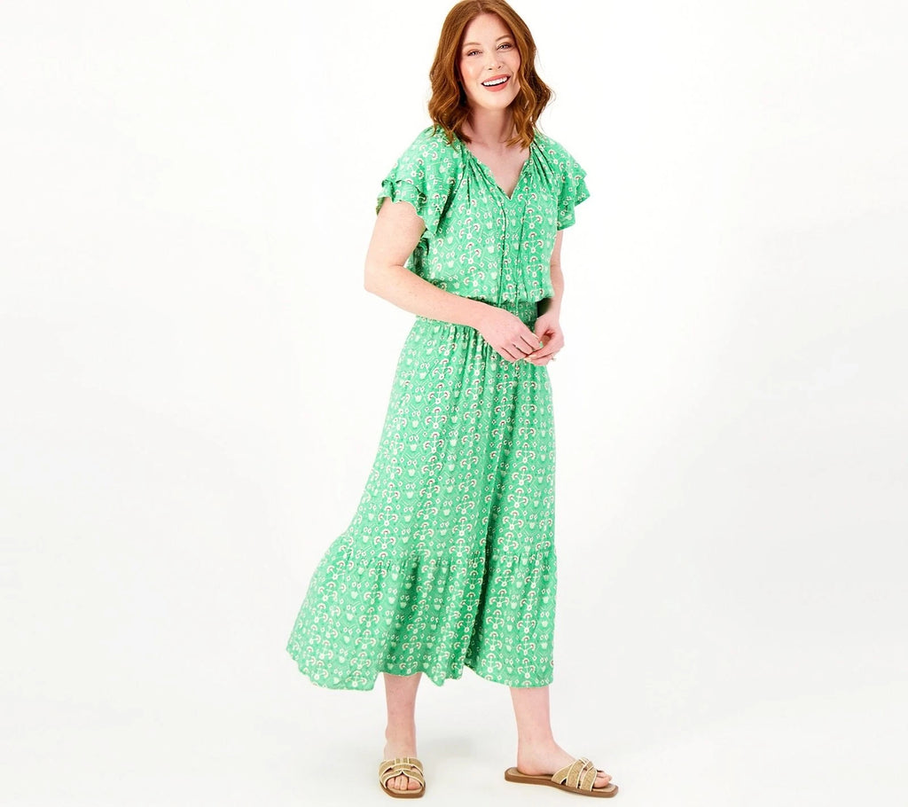 Printed Short-Sleeve Midi Dress with Smocking