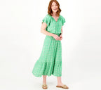 Printed Short-Sleeve Midi Dress with Smocking