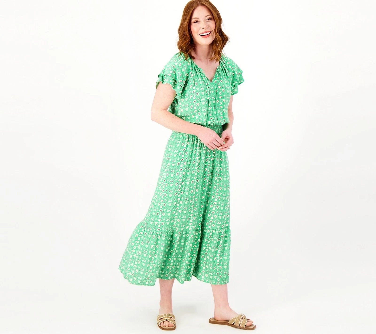 Printed Short-Sleeve Midi Dress with Smocking