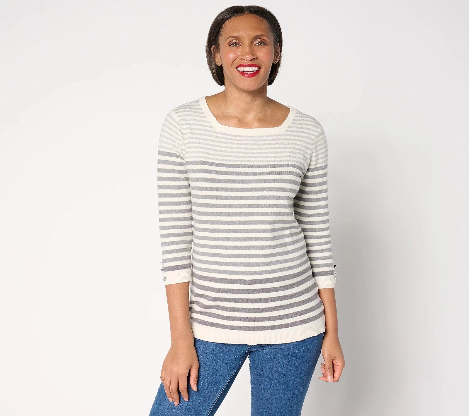 Square Neck Striped Sweater with Button Detail