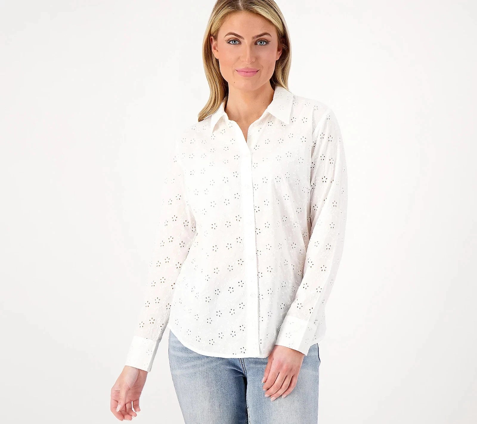 Button-Front Eyelet Shirt