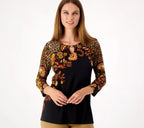 Printed Liquid Knit Top with Keyhole Trim
