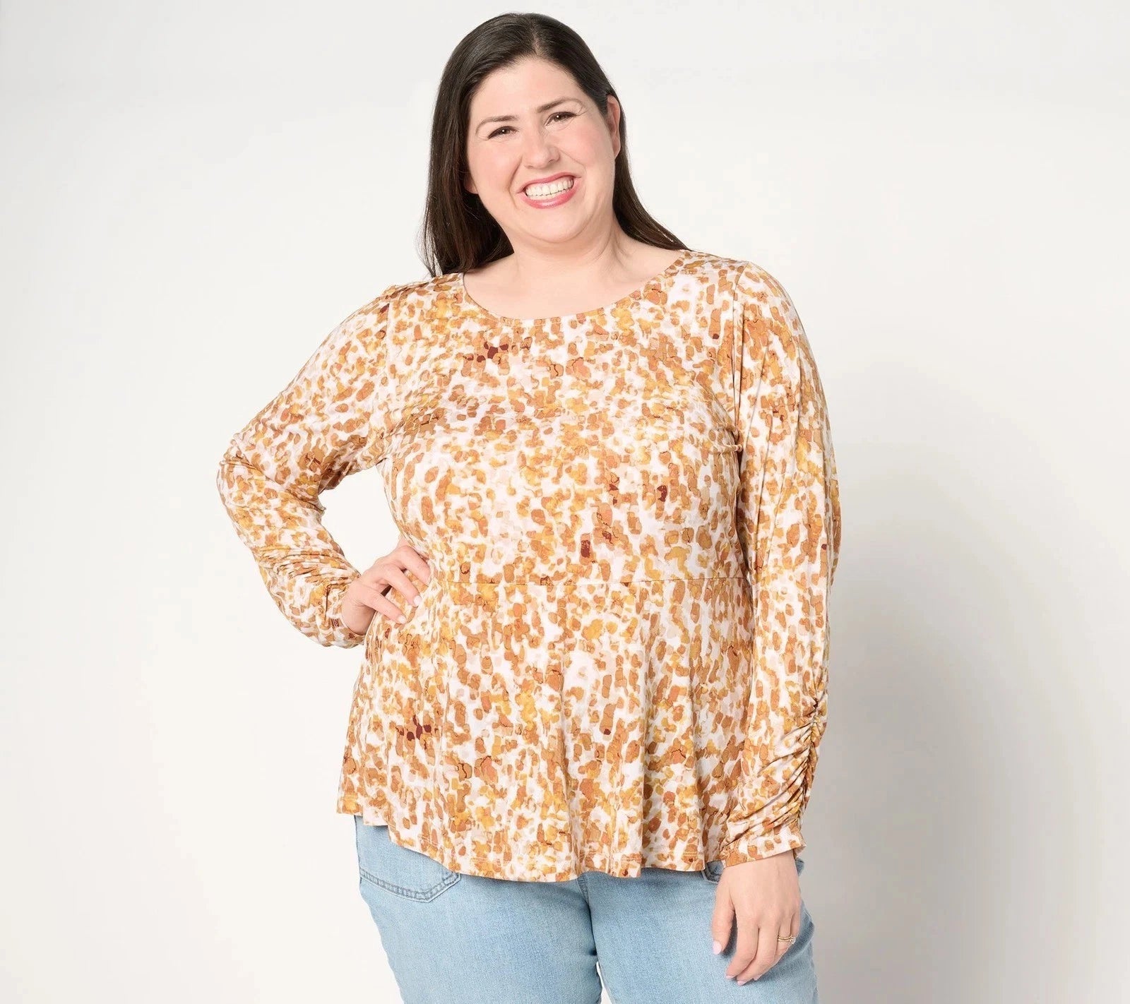 Printed Liquid Knit Bateau Neck Long-Slv Peplum Top
