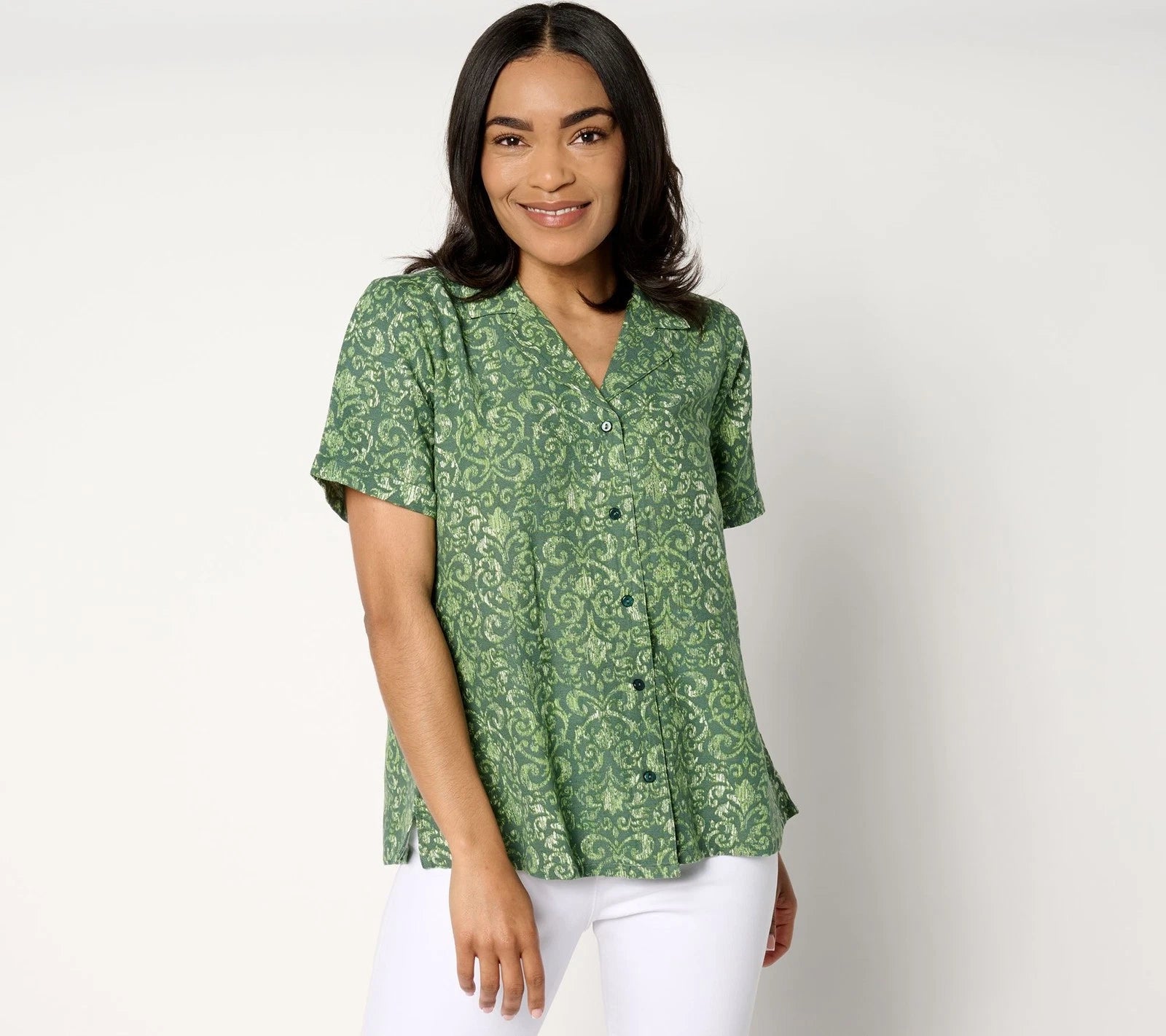 Adaptive Print Button-Front Shirt w/ Side Slits