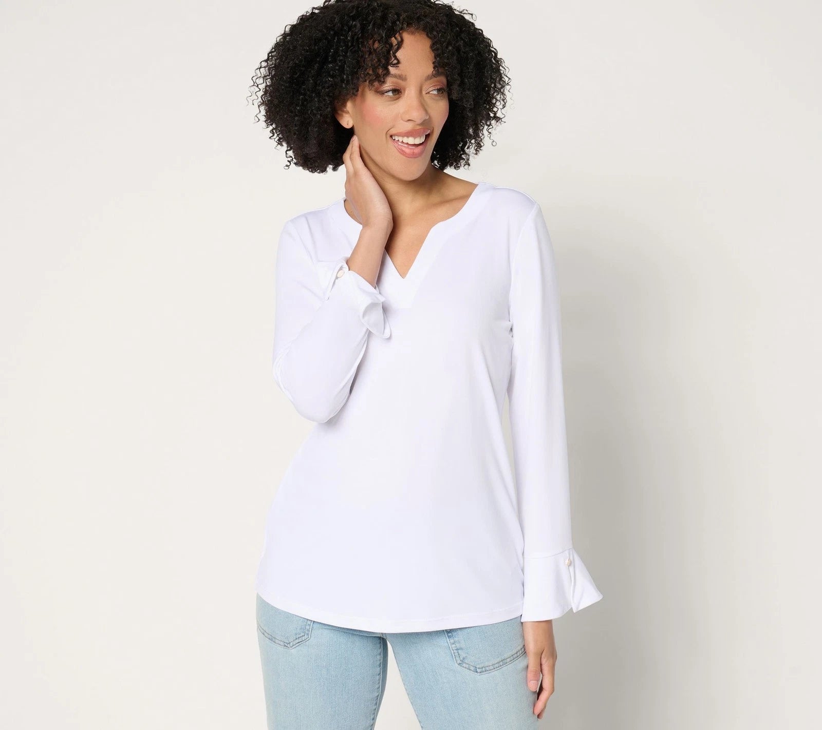 Liquid Knit Split Neck Top with Flounce Sleeve